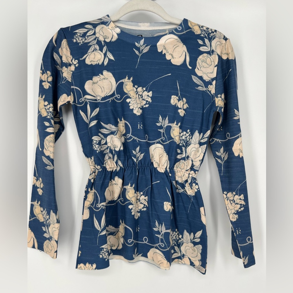 RONNER EQUESTRIAN PULLOVER SWEATER‎ IN BLUE & BEIGE W/HORSES & FLOWERS LOVELY